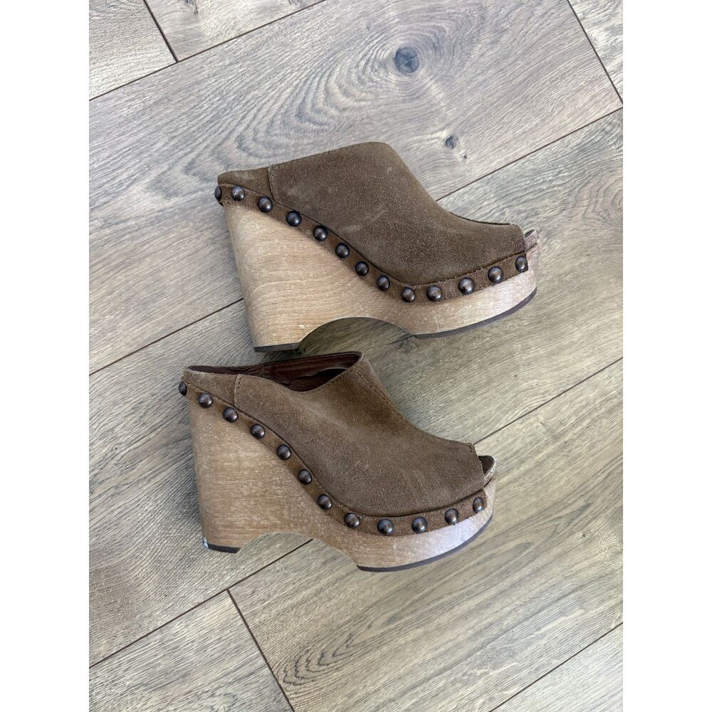 Pedro Garcia 7 Womens Mule Clog Wedge Wooden Heel Spain Stud Suede Leather Wood